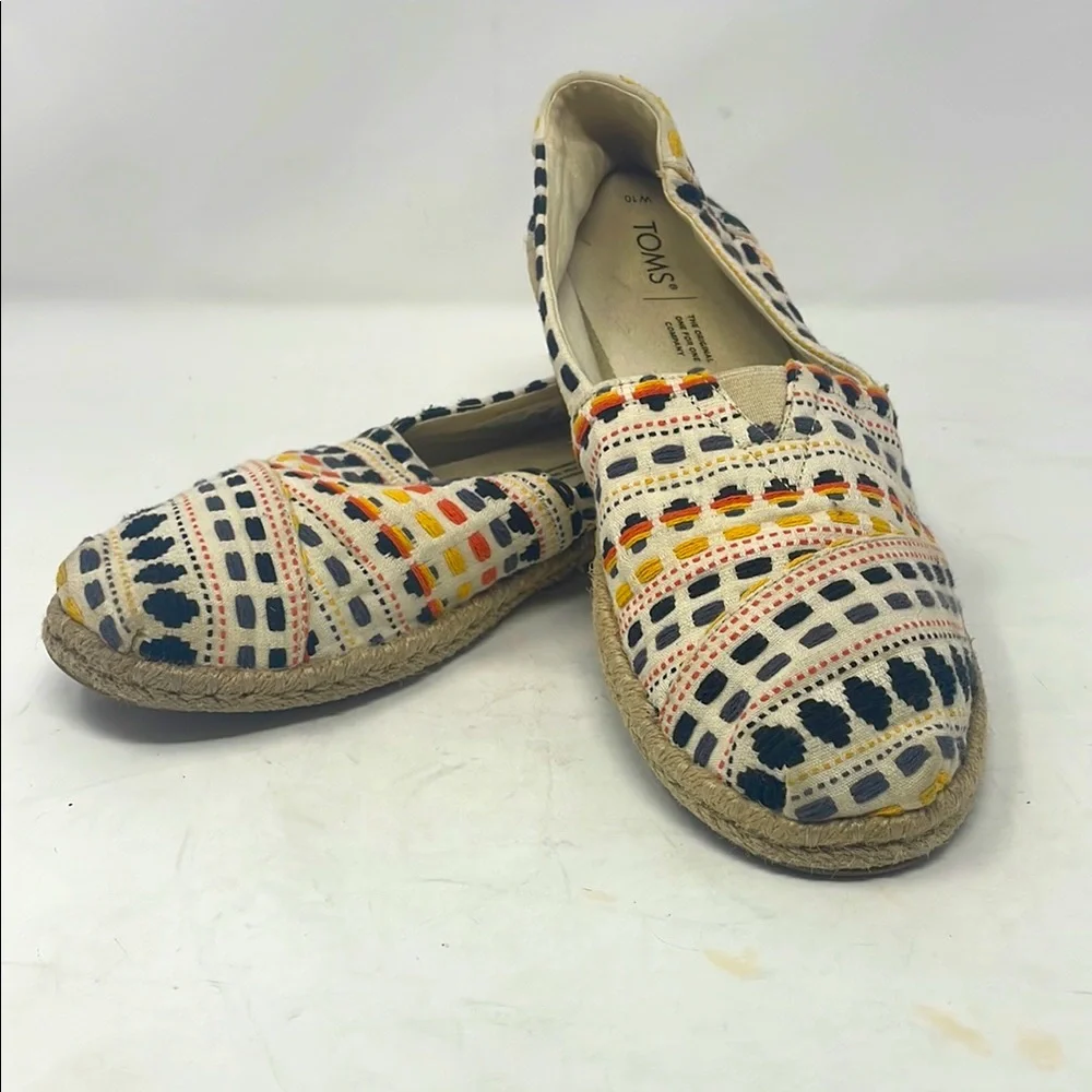 Toms Beige Yellow Orange Woven Slip On Espadrille Flats Size 10